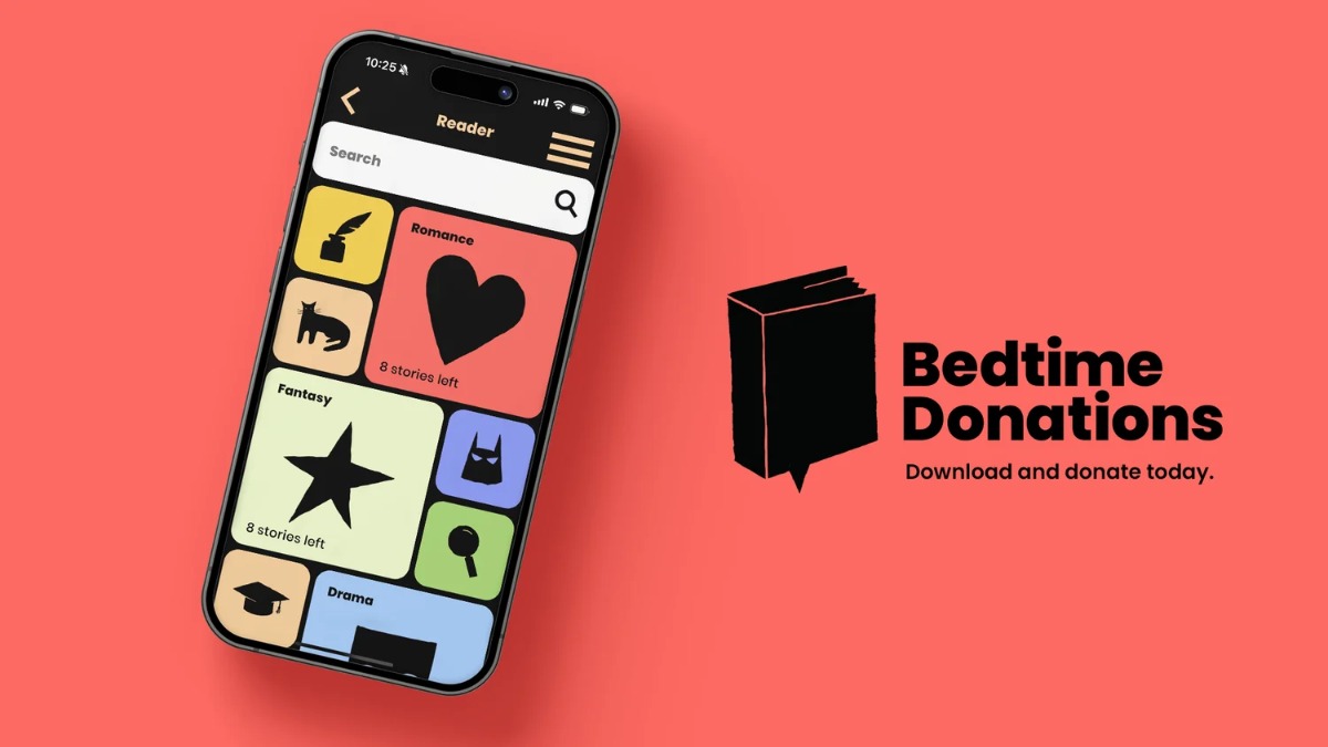 Short Alt Text (Recommended) "Bedtime Donations app logo next to a smartphone displaying the story reader interface.