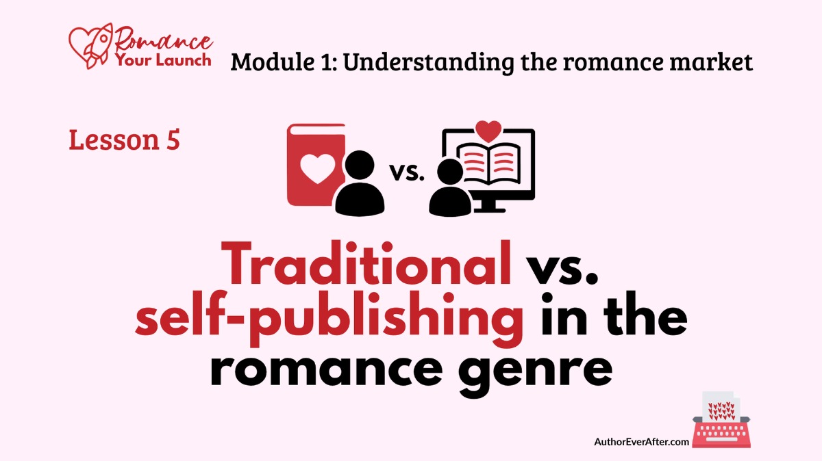 Slide comparing traditional vs. self-publishing in romance: book icon for traditional, monitor icon for indie publishing.
