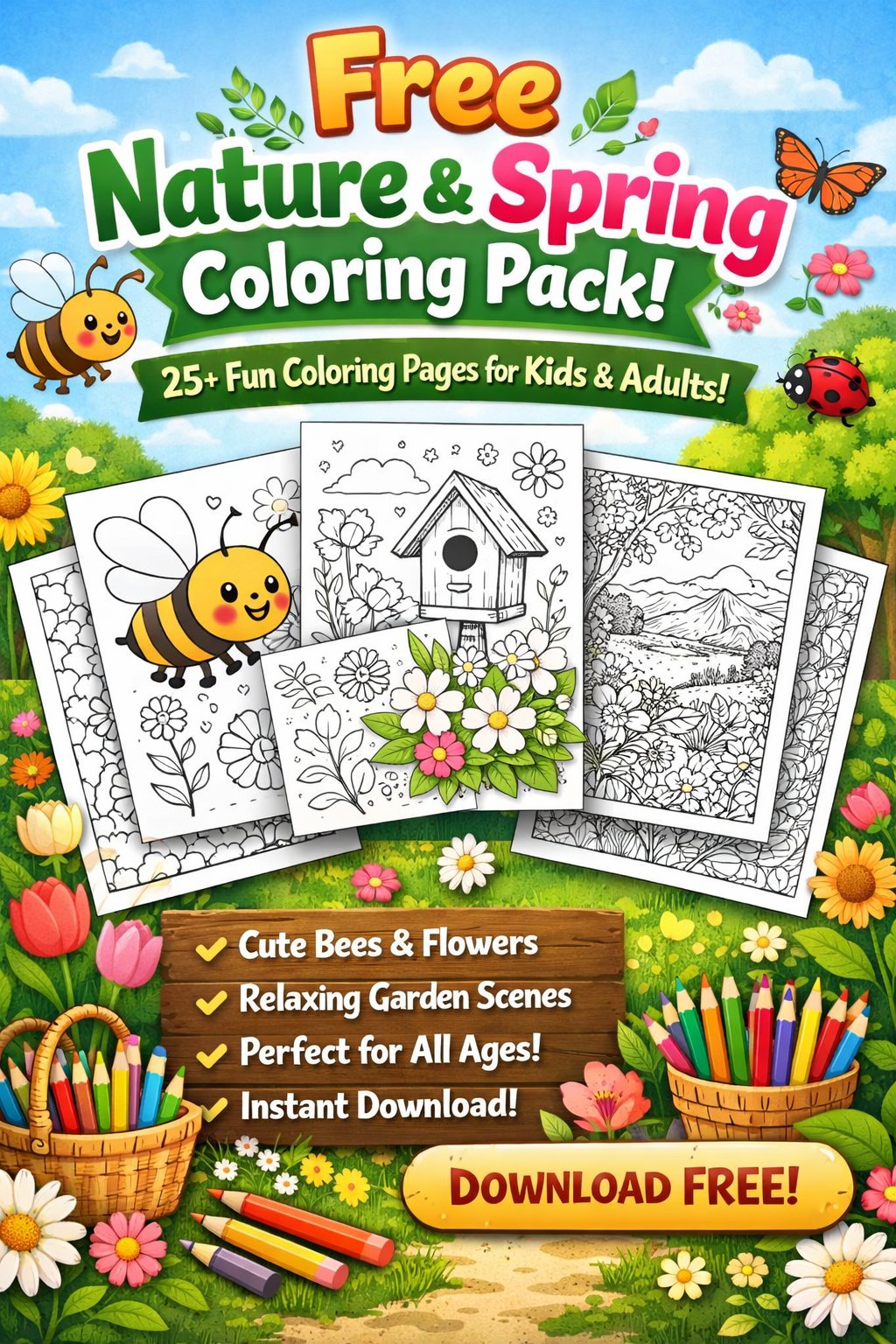 Free Nature & Spring Coloring Pack (25+ Pages for Kids & Adults)