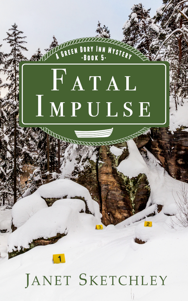 Front cover for Fatal Impulse, featuring snowy evergreens, a large boulder, and snow in the foreground with crime scene markers.