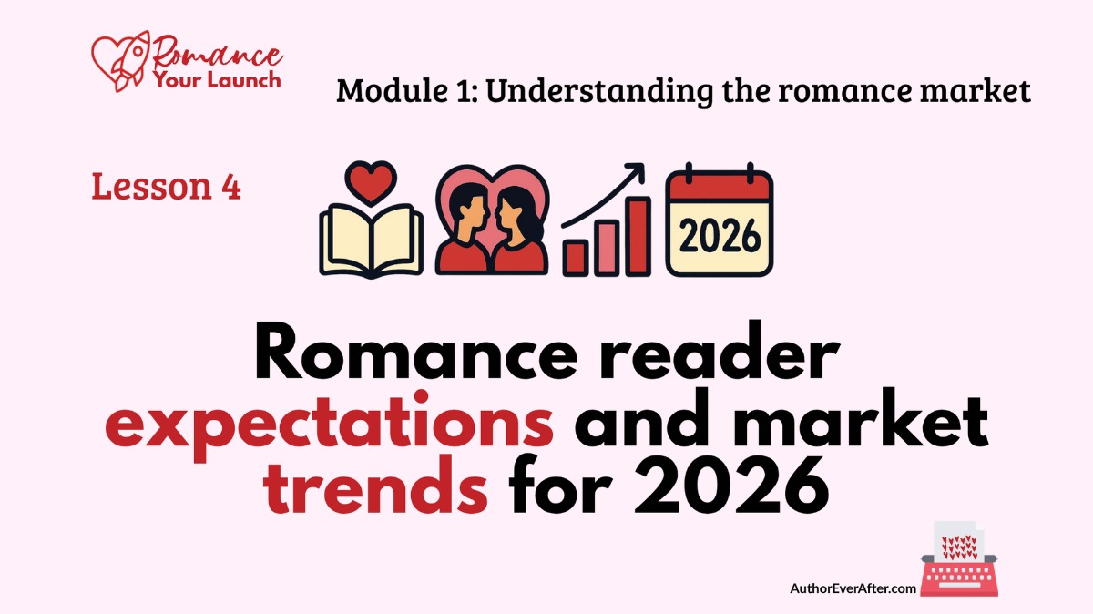 Lesson slide: Romance reader expectations and market trends for 2026, with icons for reading, romance, growth, and a 2026 calendar.
