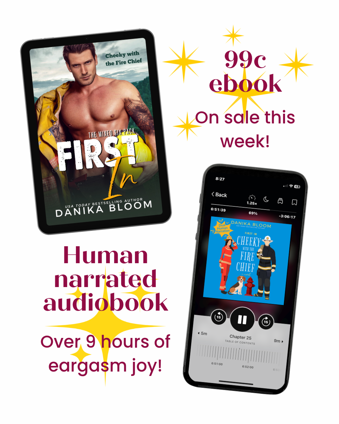 ebook cover iwth a naked chested fireman and illustrated audiobook with male and female firefighters and a dog