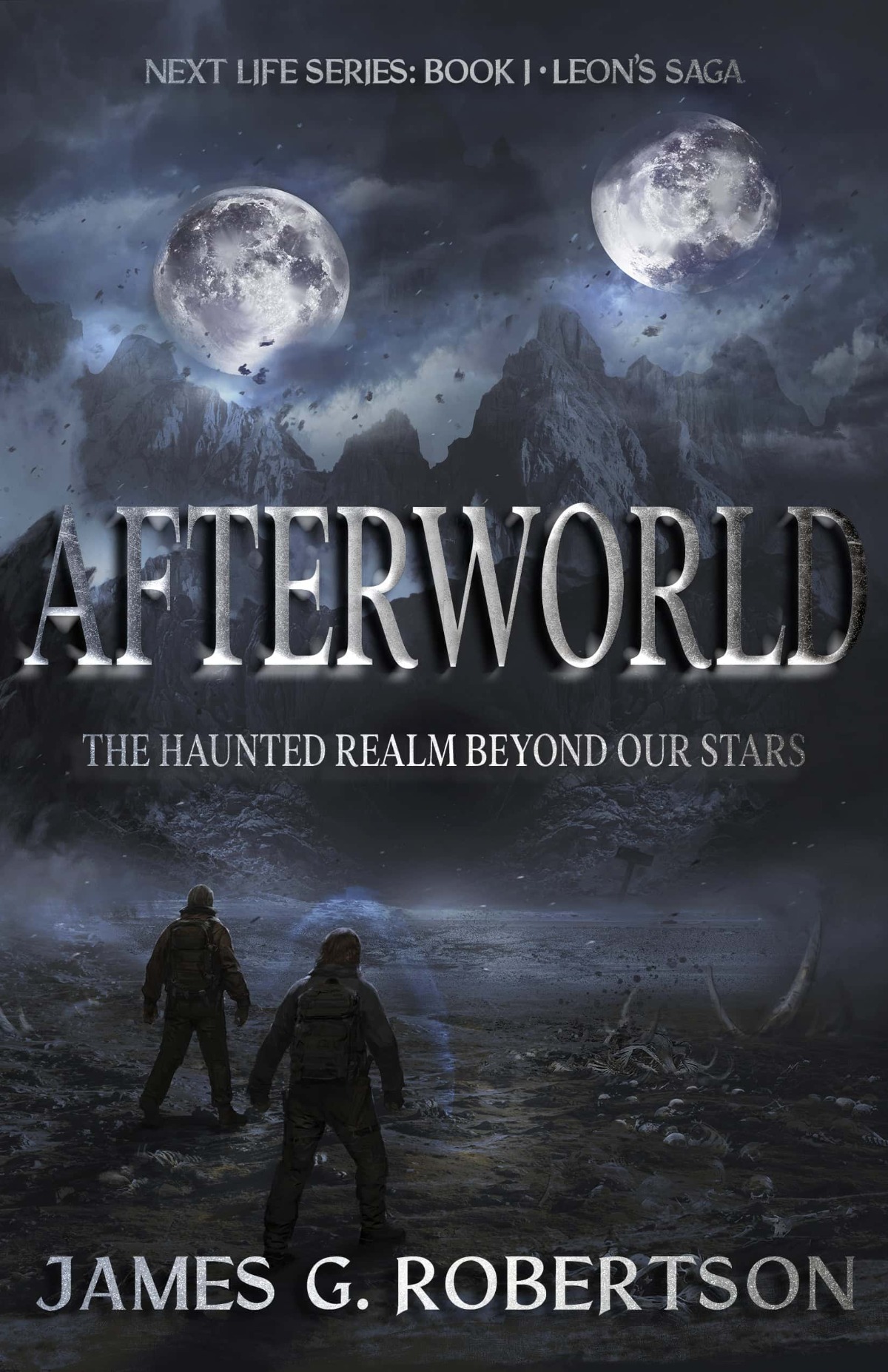 Afterworld's new cover featuring two men moving toward a mountain range under two moons in a desert full of skeletons