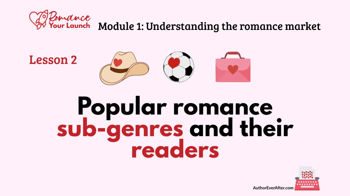 Lesson slide showing popular romance sub-genres — cowboy, sports, and office romance — illustrated with heart-themed icons for each.
