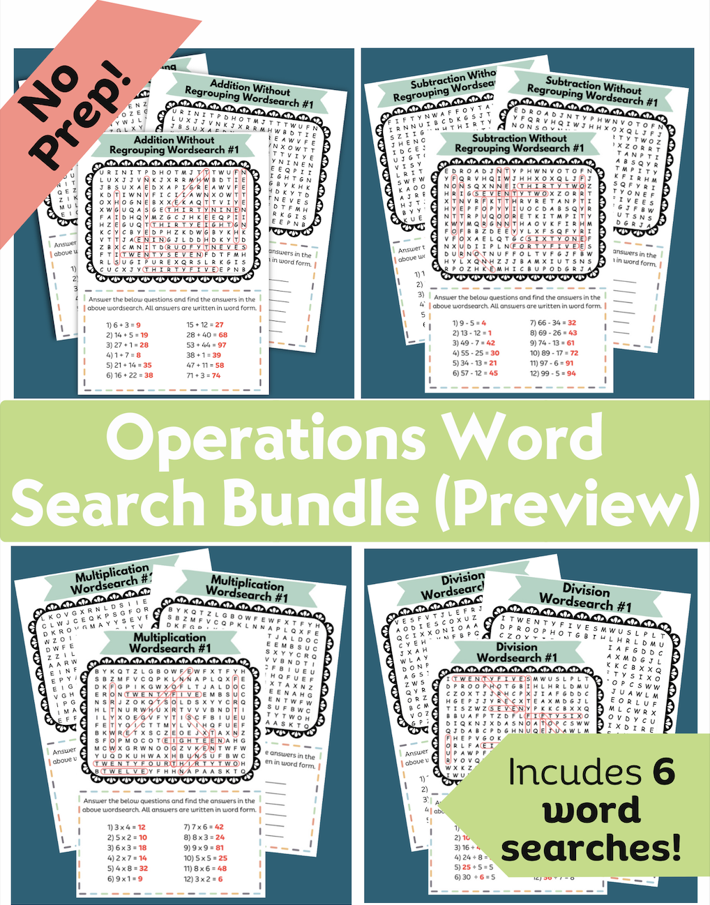 Operations Word Searches Sign Up (Addition, Subtraction, Multiplication, Division)