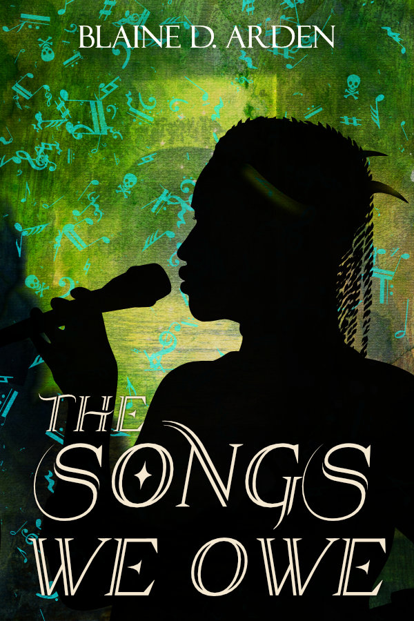 Book cover for The Songs We Owe, showing a horned singer’s silhouette with a microphone on a green, music-filled backdrop.