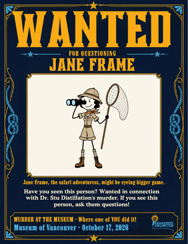 WANTED poster for Jane Frame, a stick-figure safari adventuress with binoculars, Murder at the Museum