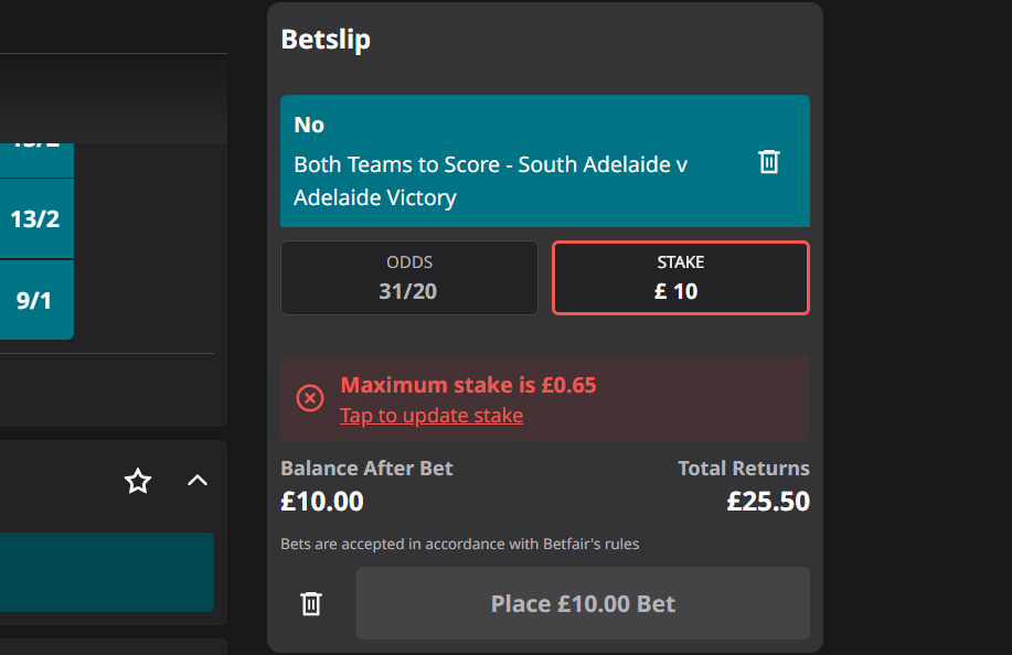 Betfair Exchange showing a 65¢ maximum stake on a BTTS-No selection