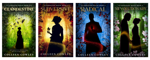 Covers of the main Clandestine Magic series: Clandestine (with a summer cover), Subversive (autumn cover), Radical (winter cover) and Revolutionary (spring cover)