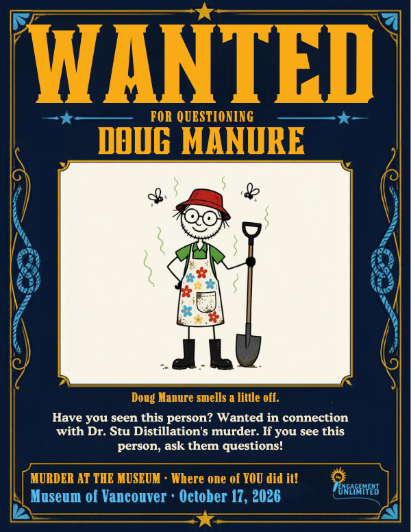 WANTED poster for Doug Manure, a stick-figure gardener with stink lines and flies, Murder at the Museum