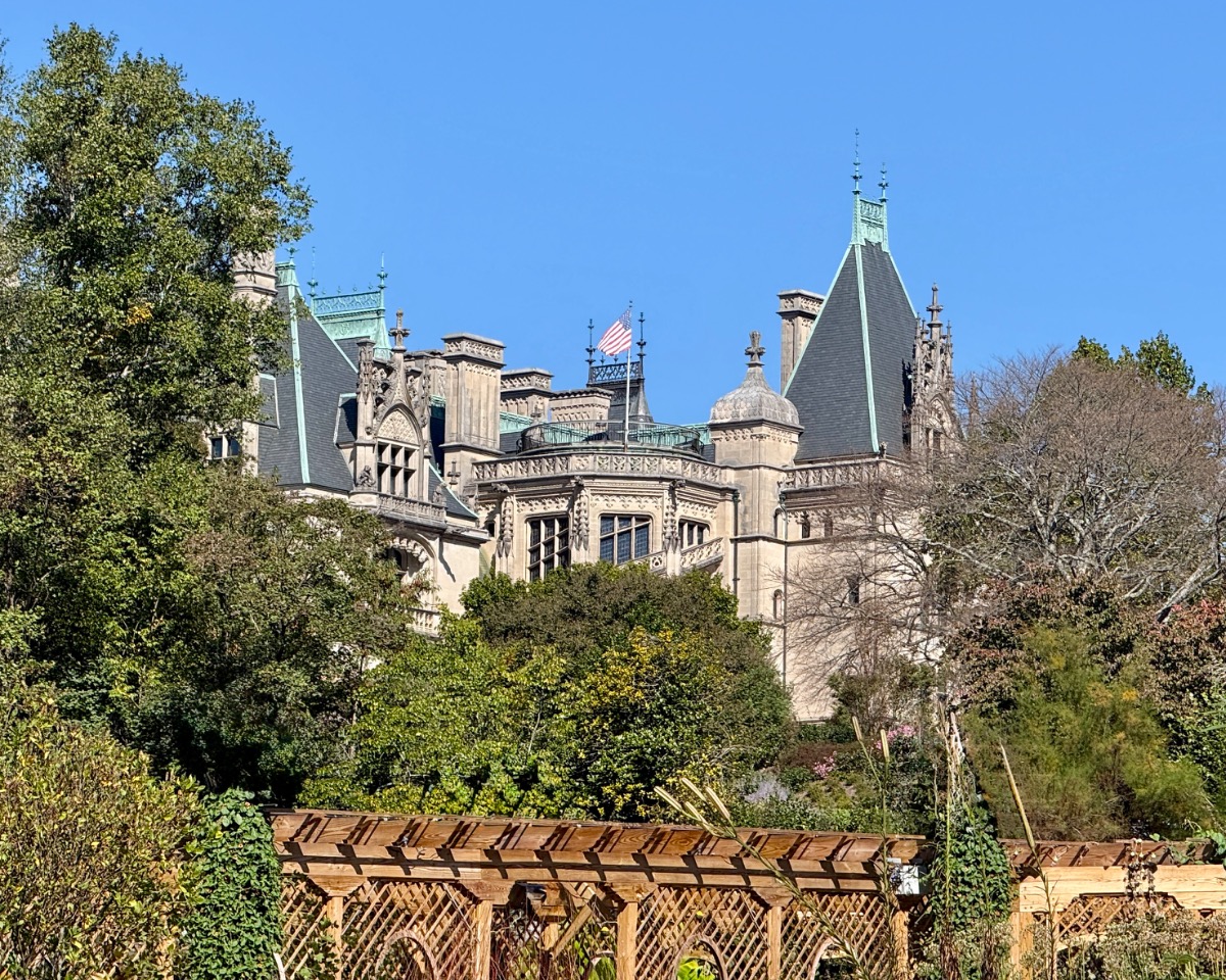Biltmore House rises above trees and garden plantings beneath a clear blue sky, photographed from the gardens.