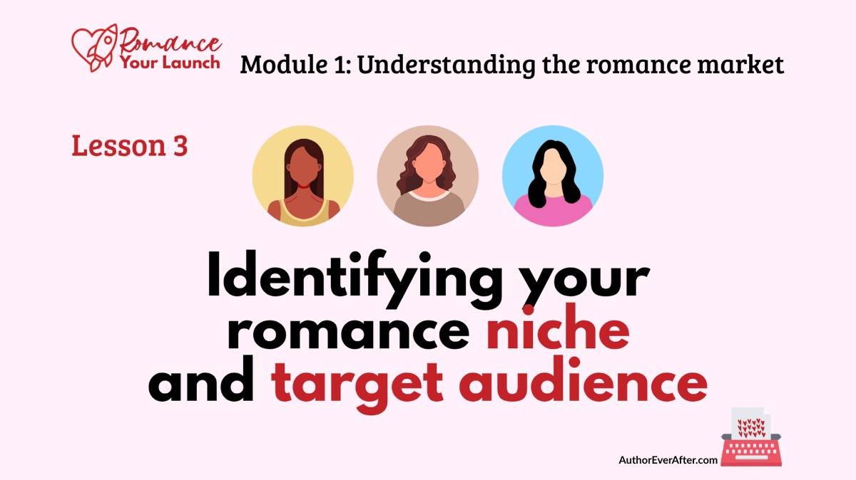 Lesson slide: Identifying your romance niche and target audience, with three diverse reader avatar illustrations.