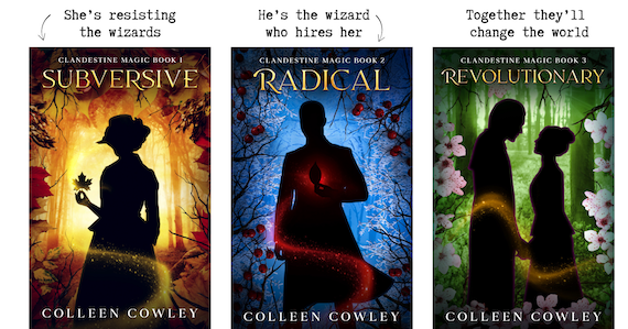 Clandestine Magic trilogy covers, with this text: She's resisting the wizards, he's the wizard who hires her, together they'll change the world'