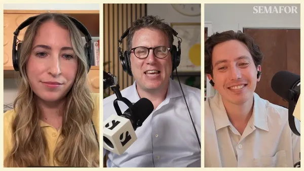 Video thumbnail for Semafor's Mixed Signals podcast showing three hosts on a split screen, each in headphones at a microphone.