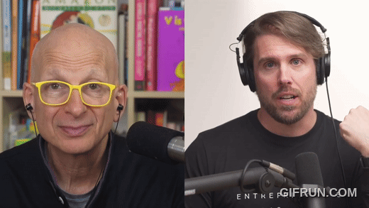 Split-screen podcast clip: Seth Godin in yellow glasses on the left, host Chris Allen in headphones on the right, both at microphones.