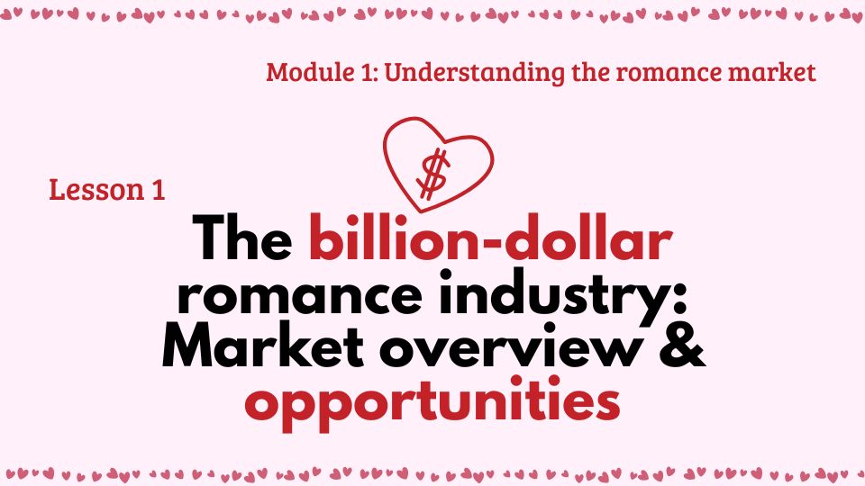 Lesson slide titled 'The billion-dollar romance industry: Market overview and opportunities' with a heart-shaped dollar sign icon.