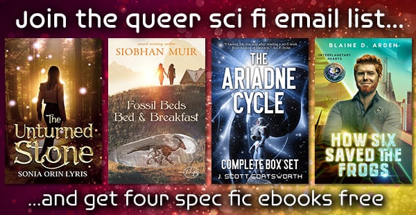 Banner reading 'Join the queer sci fi email list' above four sci-fi ebook covers, with text offering four free spec fic ebooks