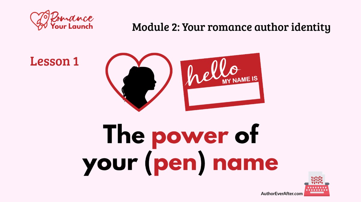 Lesson slide titled 'The power of your (pen) name' with a woman's silhouette in a heart shape and a 'Hello My Name Is' name tag.